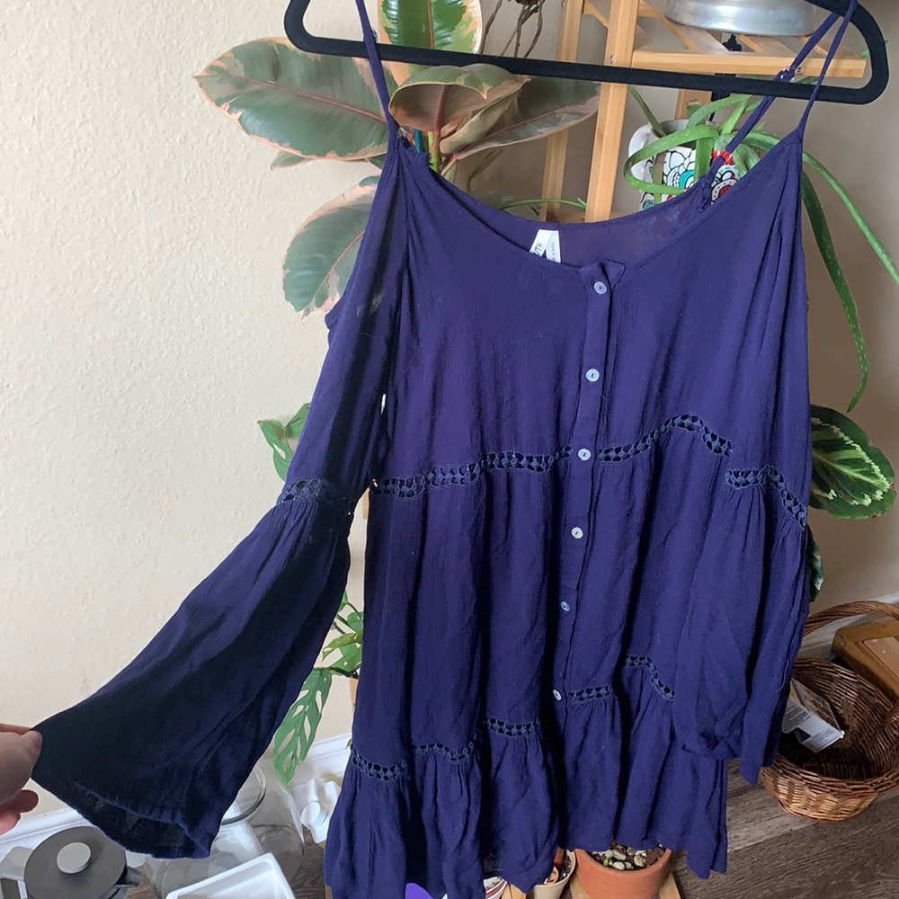 Button-front Long Sleeve Cold Shoulder Bell Sleeve Dress